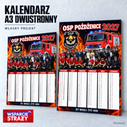 Kalendarz strażacki A3 dwustronny 2027: obie strony z sześcioma miesiącami, fotografią i herbem OSP Pożdżenice.