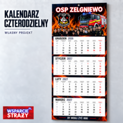 Kalendarz strażacki czterodzielny 2027 z czterema blokami miesięcy, herbem i fotografią OSP Zelgniewo.