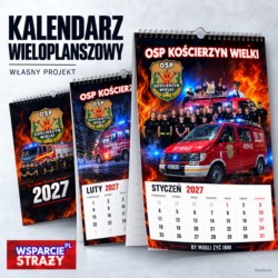 Kalendarz strażacki wieloplanszowy 2027 z kilkoma kartami, zdjęciami i herbem OSP Kościerzyn Wielki.