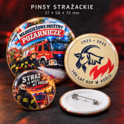 Wizualizacja pinsów strażackich w trzech rozmiarach, w tym jubileuszowej przypinki OSP w Koźlu z głową kozy i płomieniem.